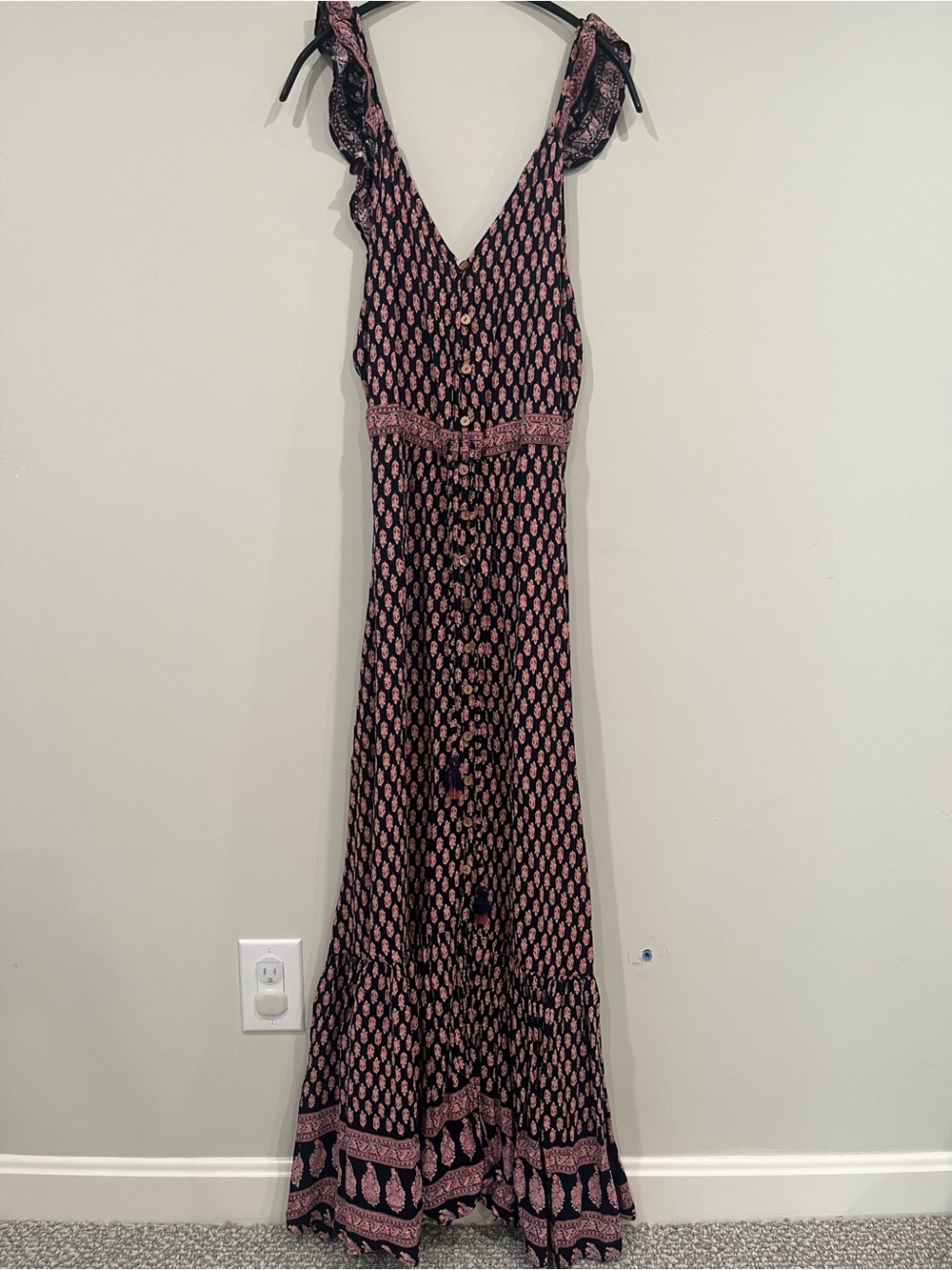 Women’s Navy Blue and Pink Printed Maxi Dress - Sleeveless V-Neck